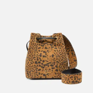 Borsa secchiello a tracolla piccola in suede leopardato