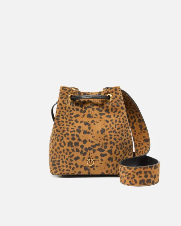 Borsa secchiello a tracolla piccola in suede leopardato