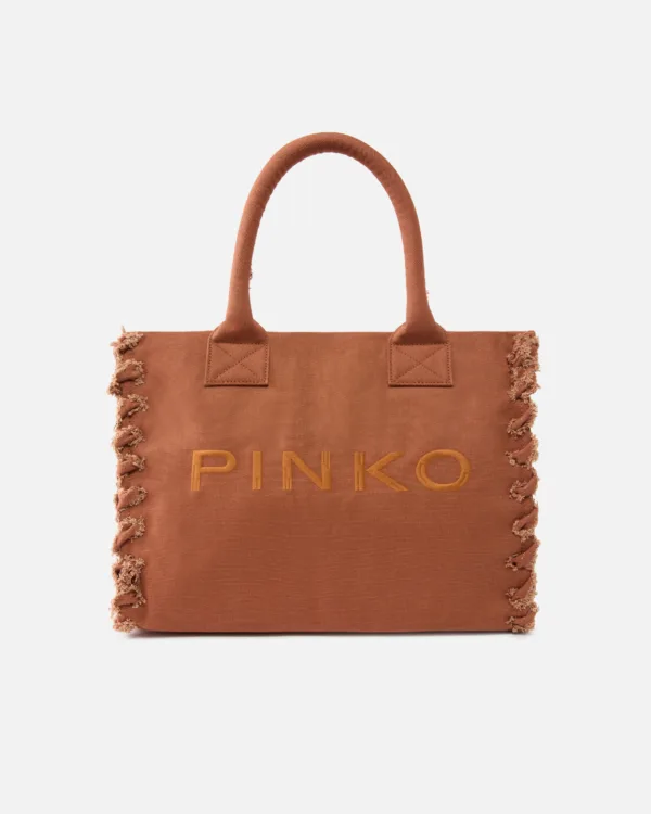 Borsa shopper media Beach in canvas con logo e dettagli sfrangiati